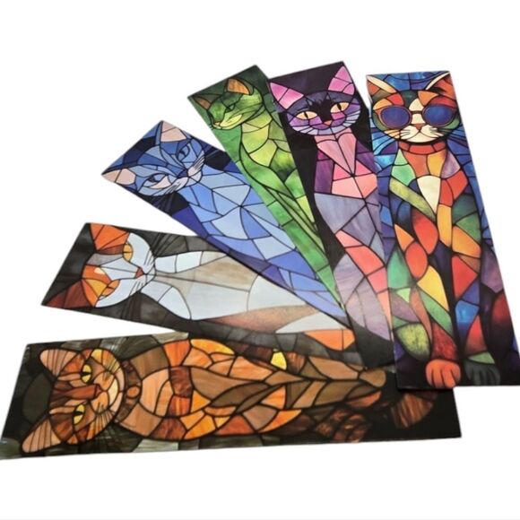 6pcs Stained Glass Cat Bookmarks Book Marker Clips Reading Cool Cat Sphynx Tabby - Picture 1 of 3